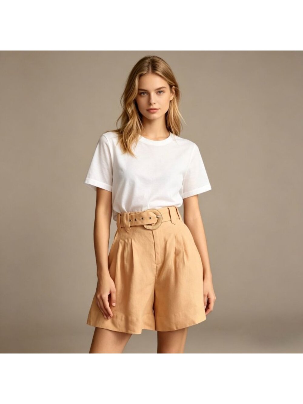 NWOT Farm Rio Sand Beige Belted Pleated Linen Shorts Size S